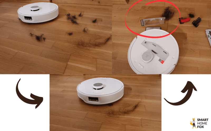 Der Roborock QRevo Curv saugt Haare vom Parkett.